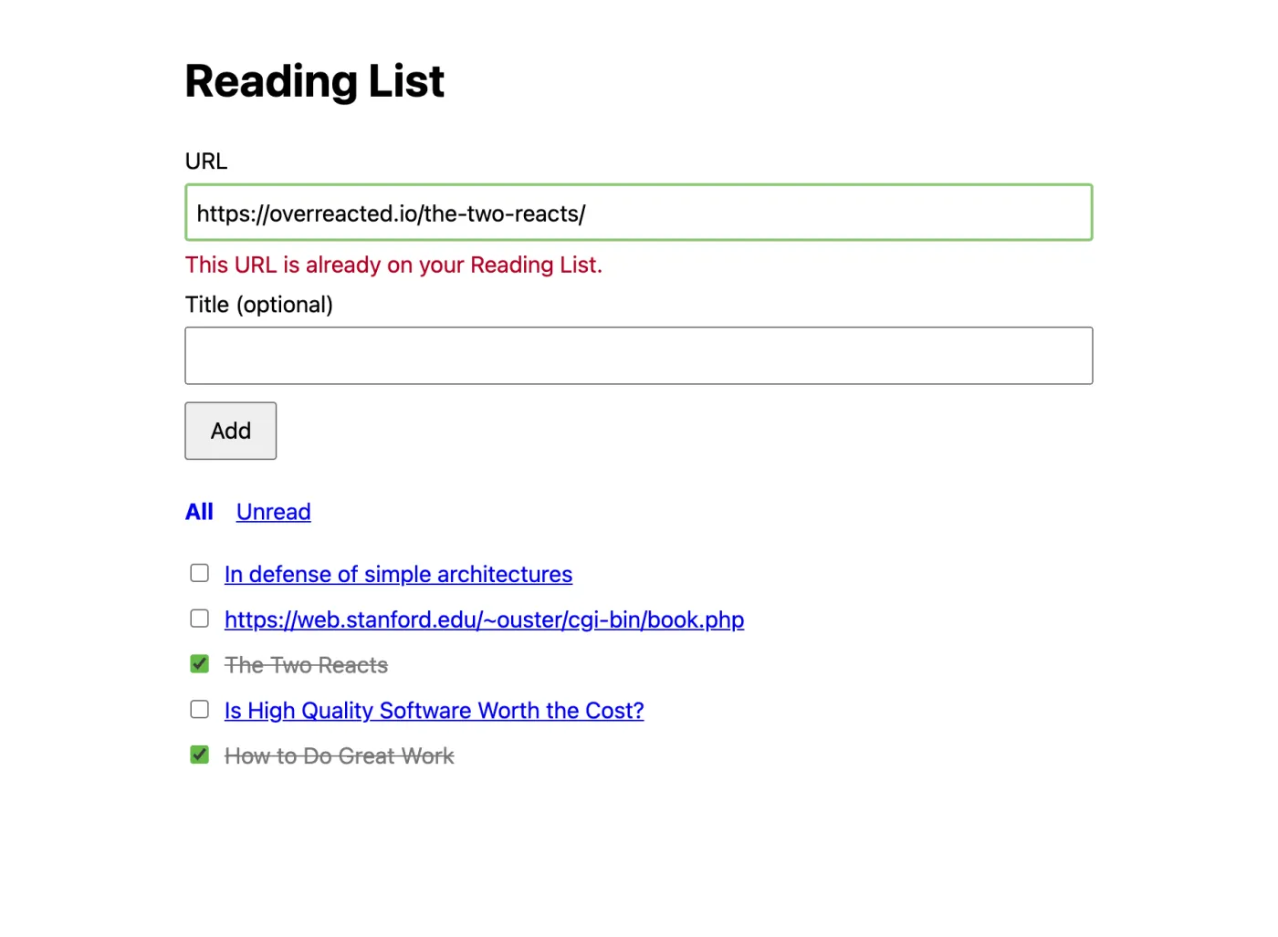 The reading-list app built with AB Method v3, duplicate link view