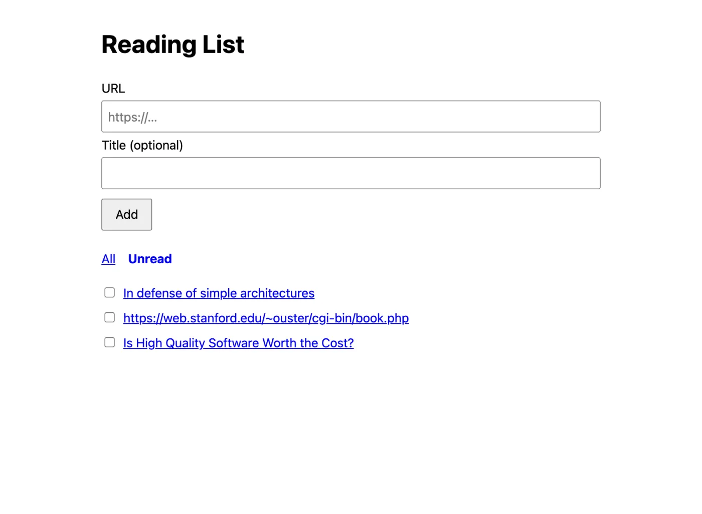 The reading-list app built with AB Method v3, unread only view