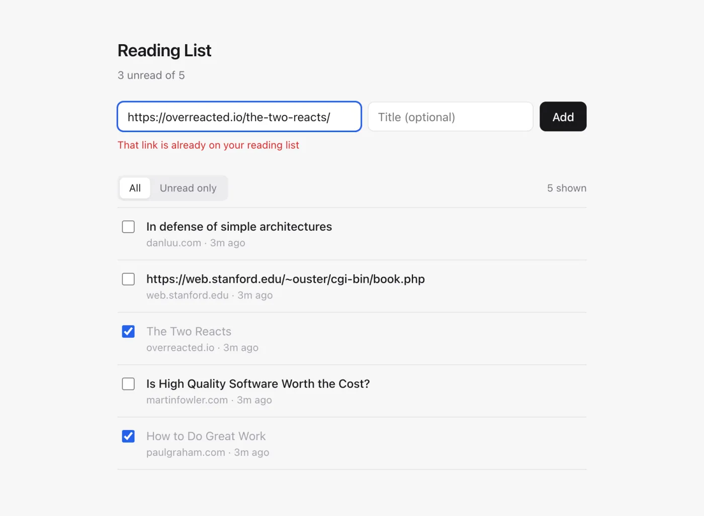 The reading-list app built with AB Method v4, duplicate link view